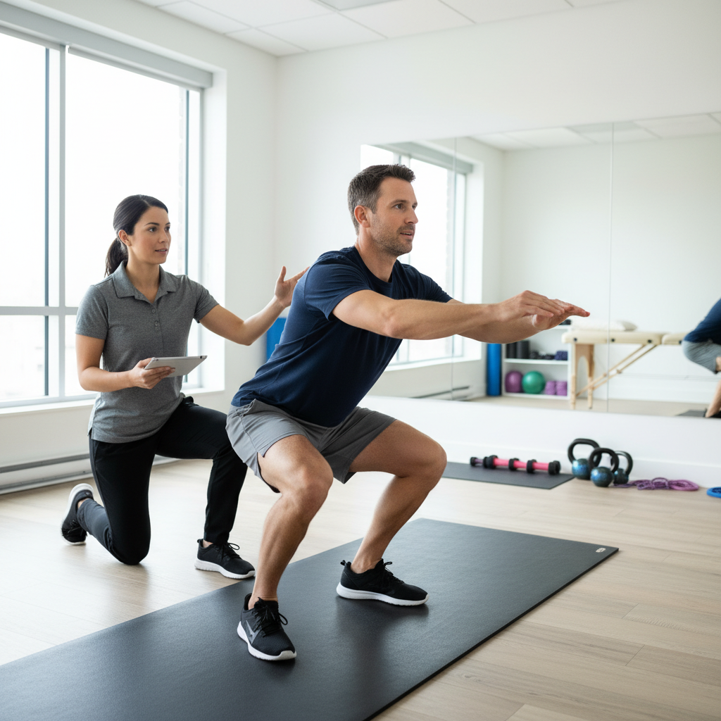 Physical therapist providing one-on-one movement assessment for active adult in Malden physical therapy clinic