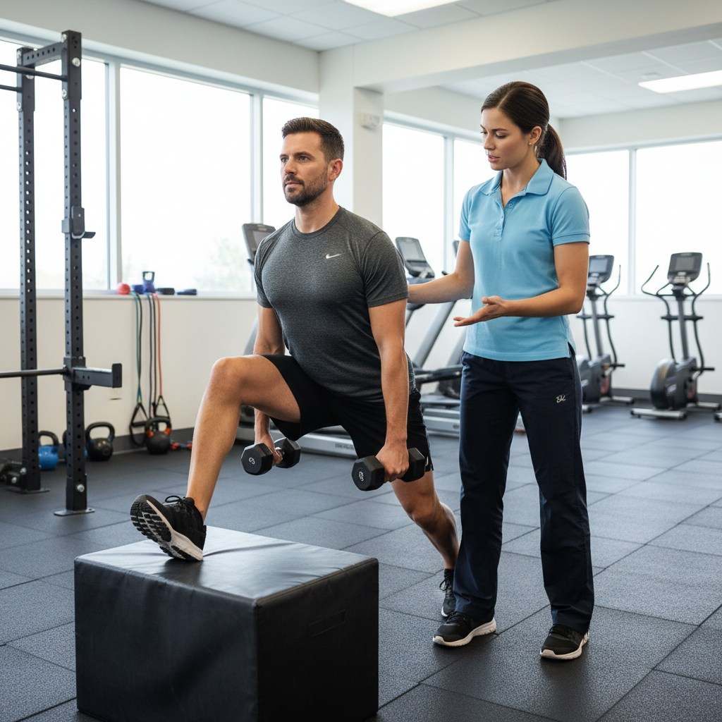 Athlete performing functional strength training exercise with physical therapist guidance at Malden PT facility